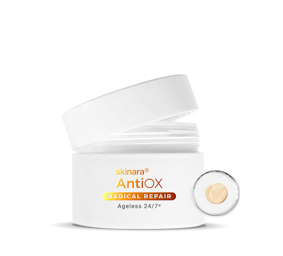 skinara antioxidant serum jar with open lid on a white background