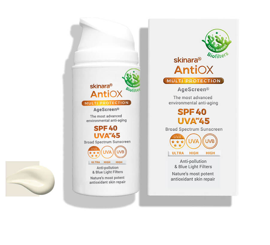 AgeScreen clear sunscreen with antioxidants large size family size and pack on a white background