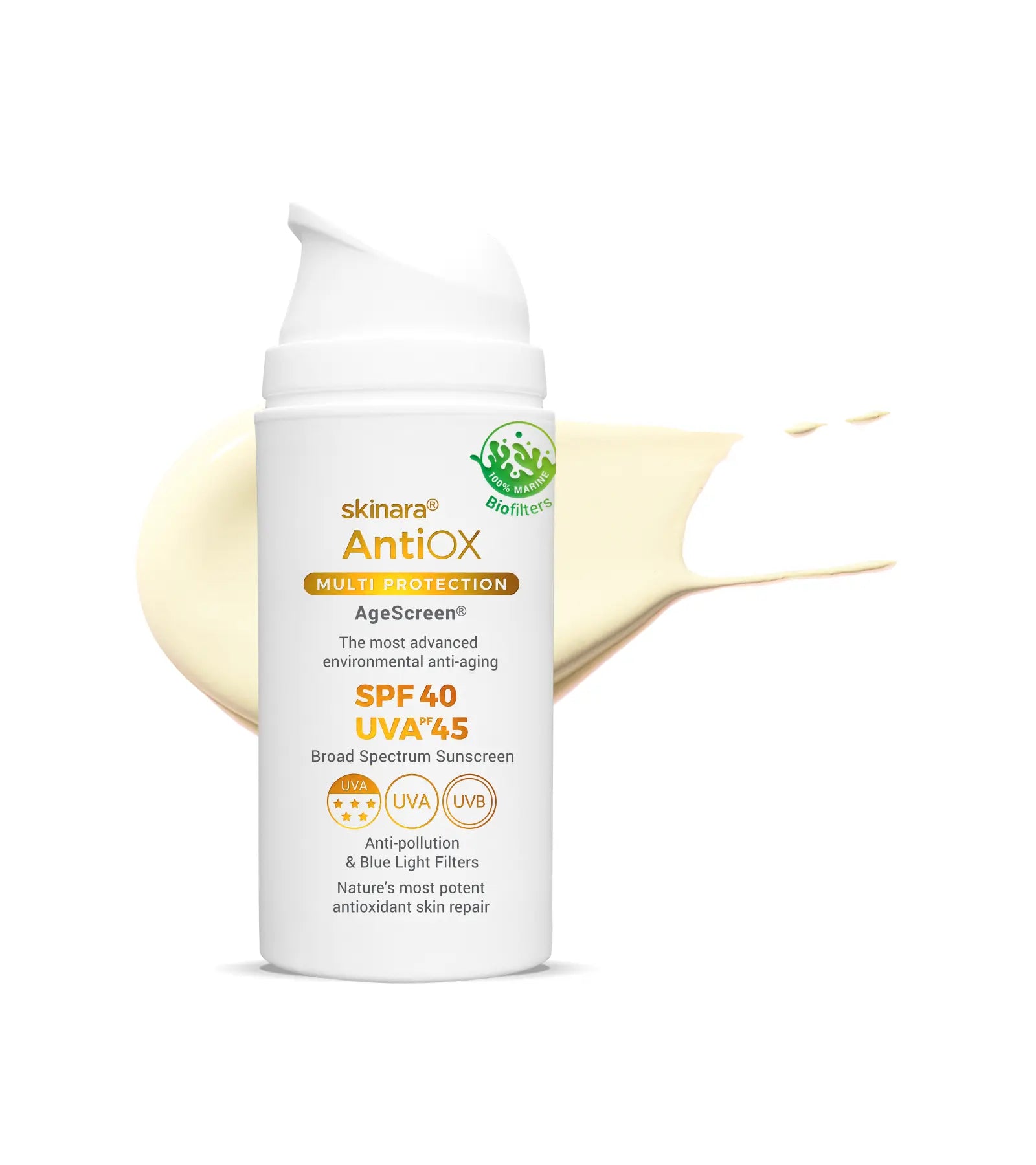 Skincare large size AgeScreen clear sunscreen with SPF 40 and UVA/UVB protection on a white background