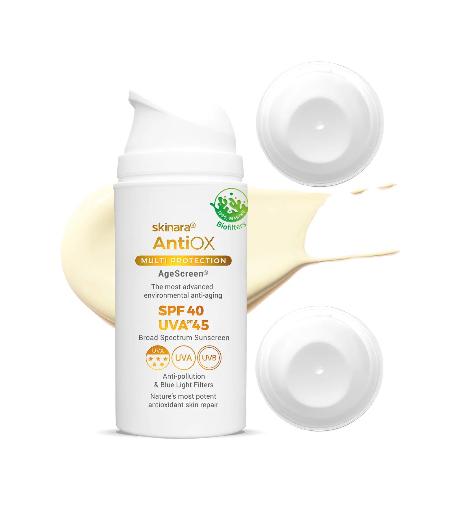 Skinara AgeScreen clear sunscreen 3 large size bottles on a white background