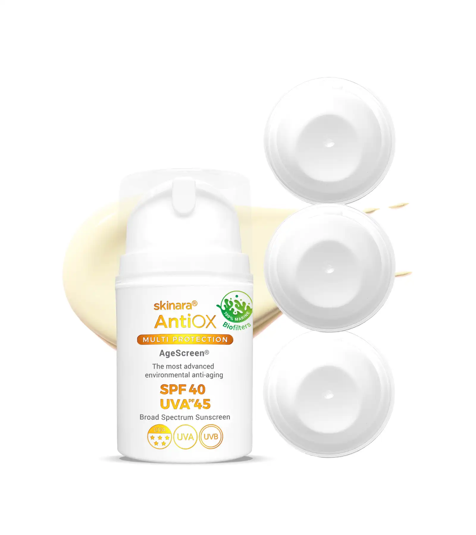 skinara AgeScreen clear travel sunscreen 4 bottles on a white background