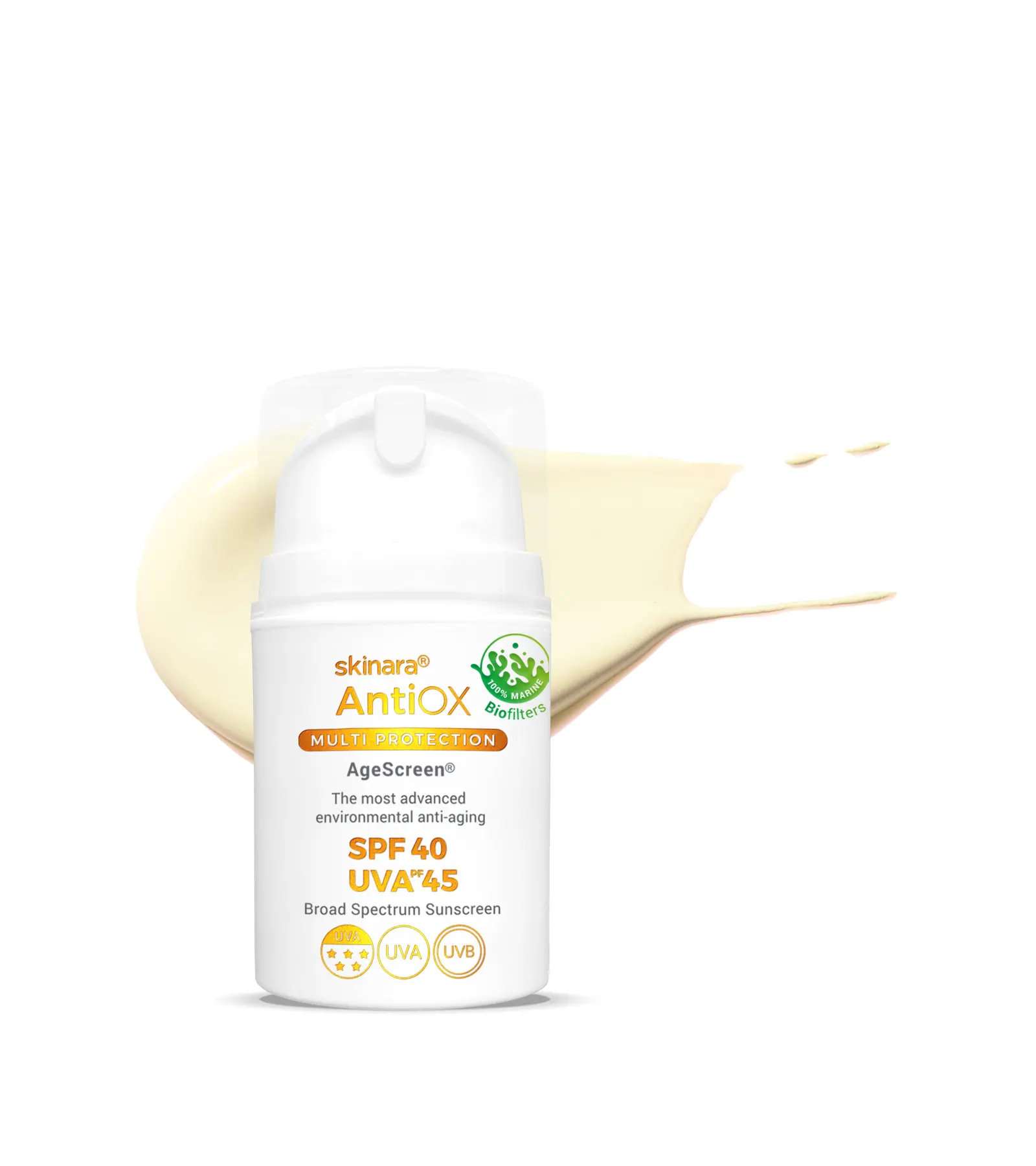 Skinara AgeScreen clear sunscreen travel size bottle with a white background