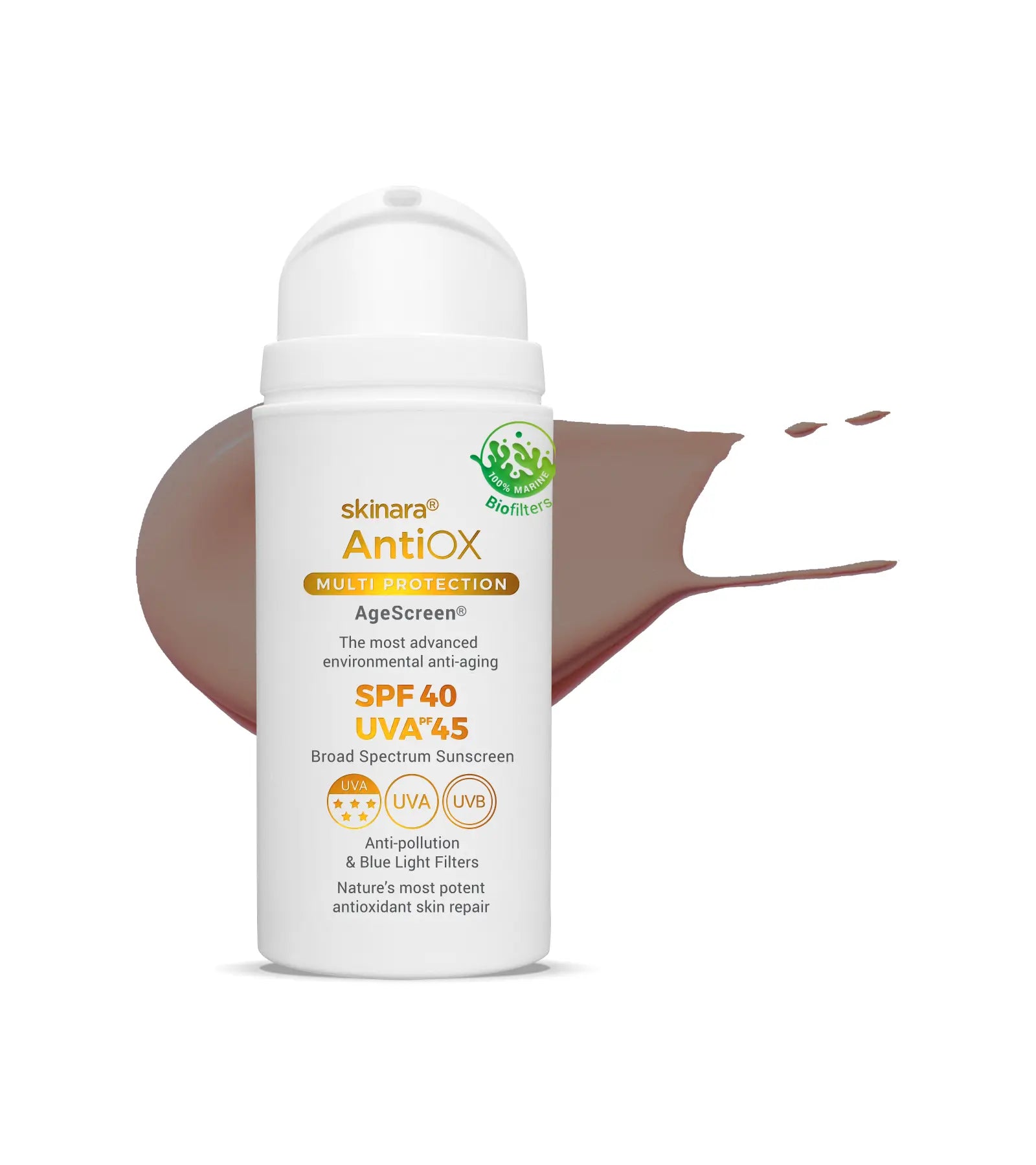 Skinara large size AgeScreen espresso tinted sunscreen with antioxidants sunblock cream in a bottle on a white background