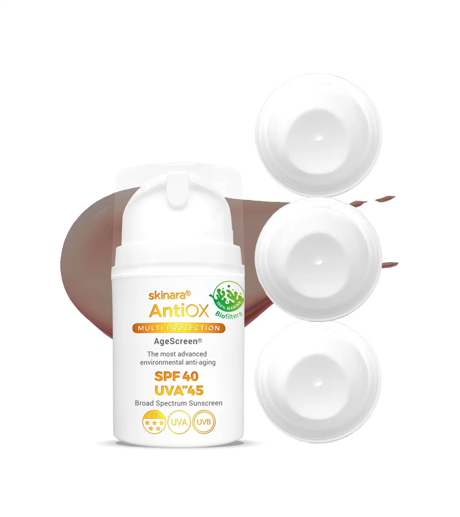 Skinara AgeScreen espresso tinted travel sunscreen 4 bottles on a white background