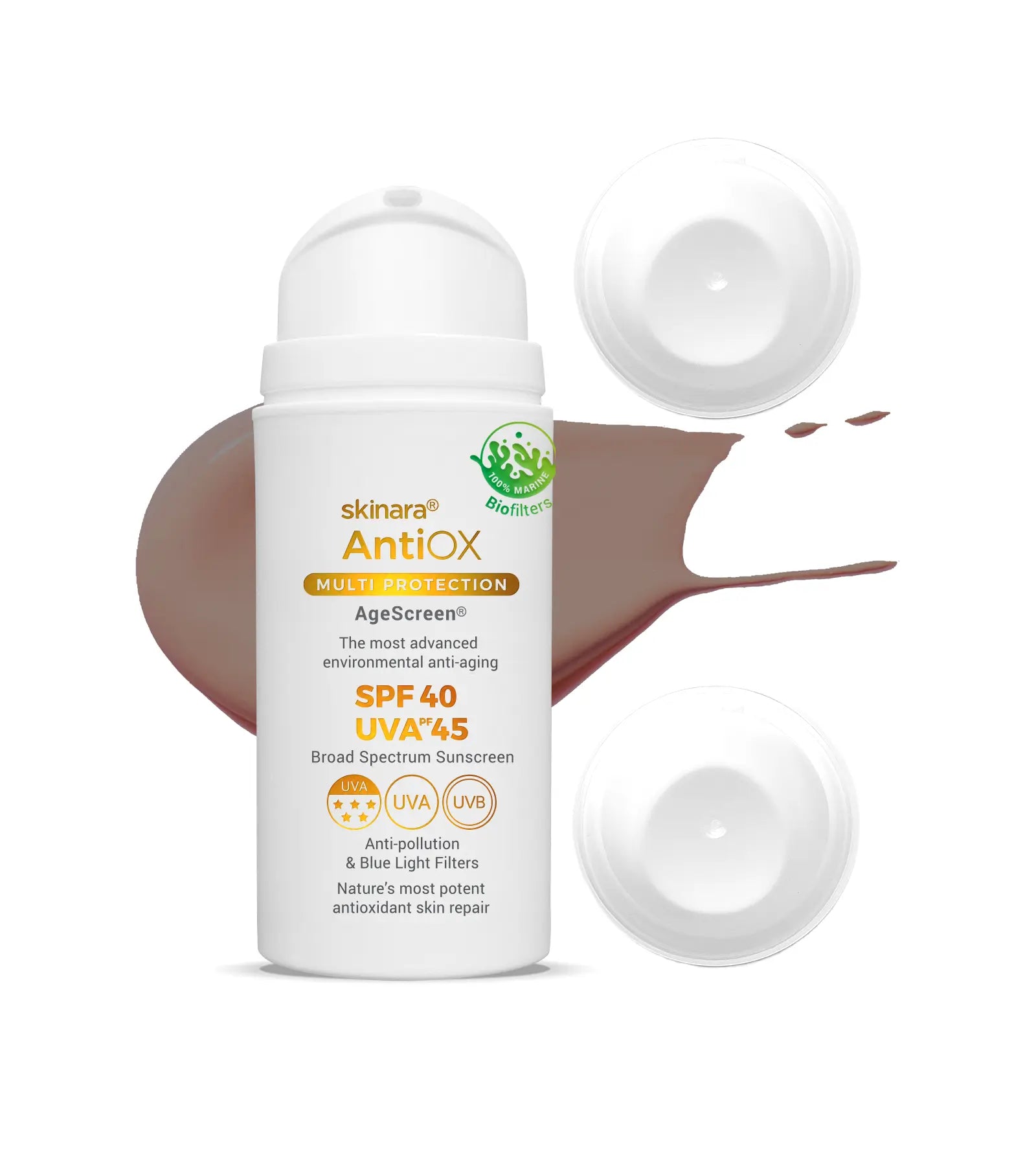 Skinara AgeScreen espresso tinted large size sunscreen 3 bottles with a white background