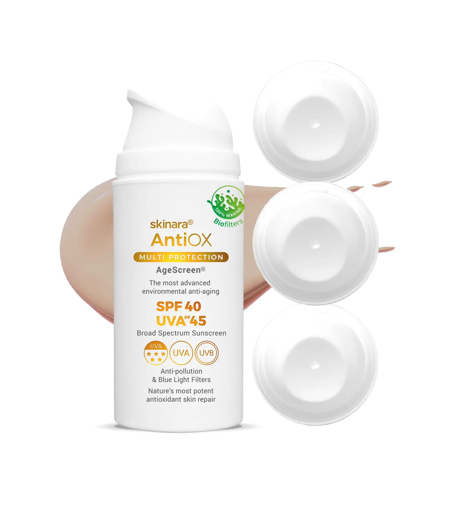 Skinara AgeScreen large size mocca tinted sunscreen 4 bottles on a white background