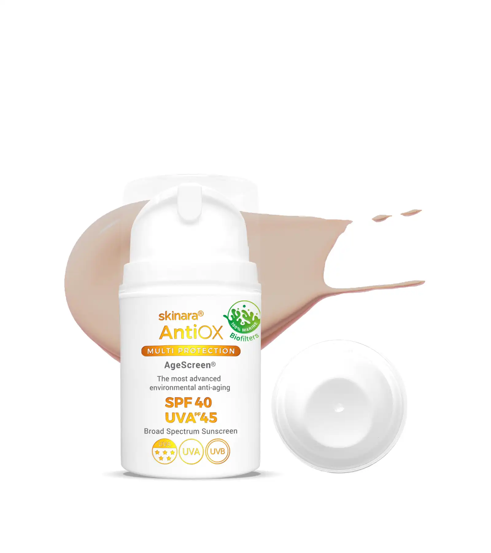 Skinara AgeScreen mocca tinted travel sunscreen 2 bottles with a white background