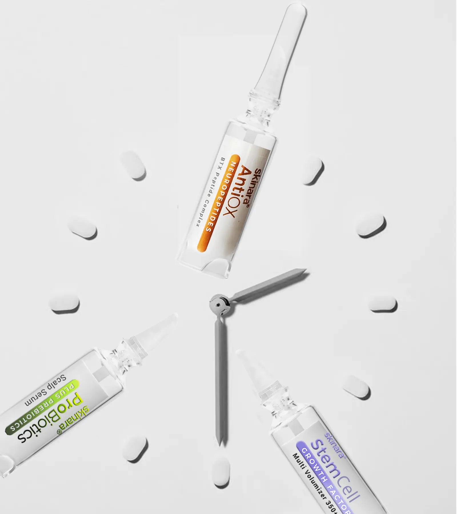 Three Skinara ampoules featuring BTX serum, Growth Factor Serum and Scalp Serum shown as hands on a clock face