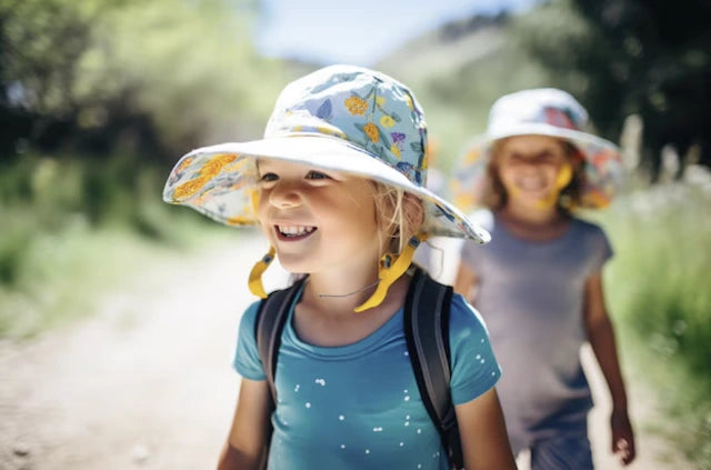 Two kids outdoors on a sunny day wearing broad-brimmed sun hats