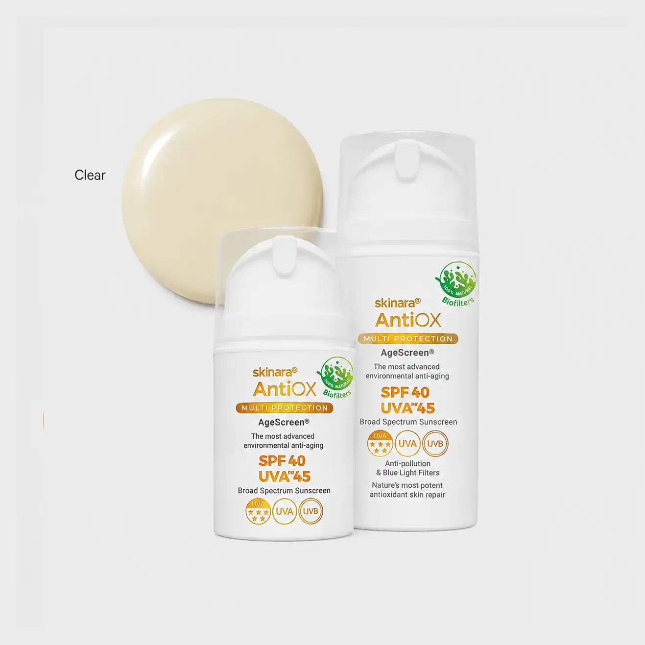 Two sunscreen bottles from skinara AgeScreen SPF 40 UVA*45 with a circular beige swatch labeled 'Clear'
