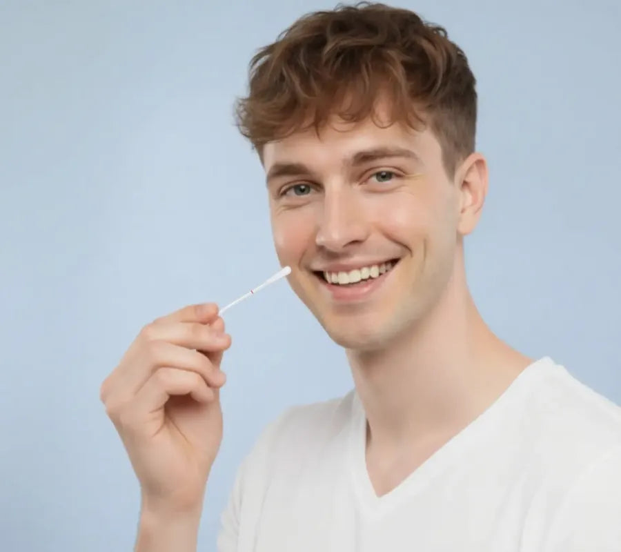 Man holding a swab to collect a sample from his cheek against a light blue background