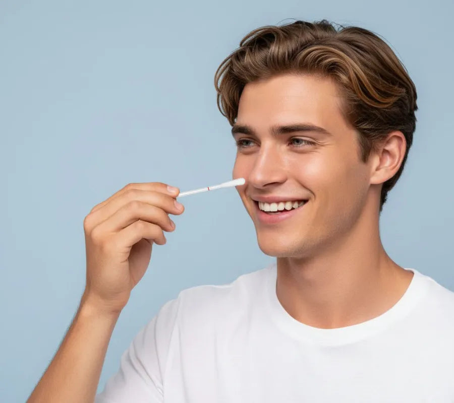 a man using a swab to collect a sample from his cheek against a light blue background