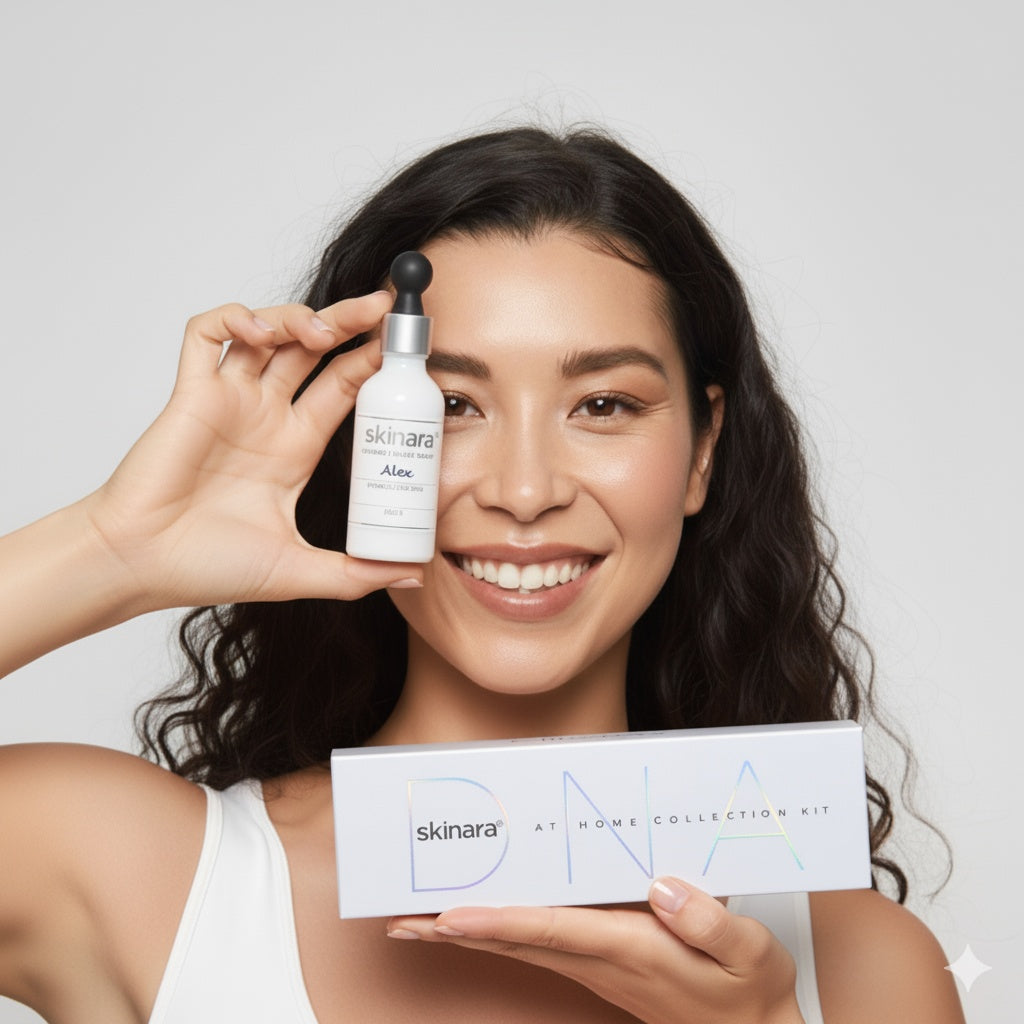 Young woman holding a personalized Skinara serum and Skin Profile Test kit