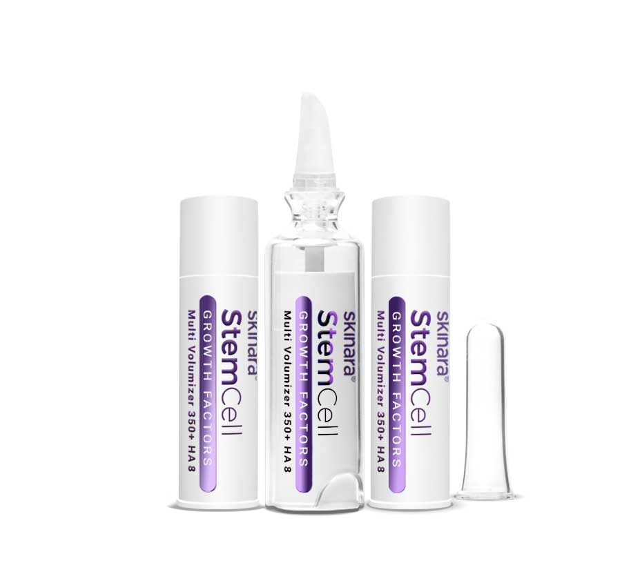 Three Sinara Growth Factor Serum ampoules on a white background, cap removed
