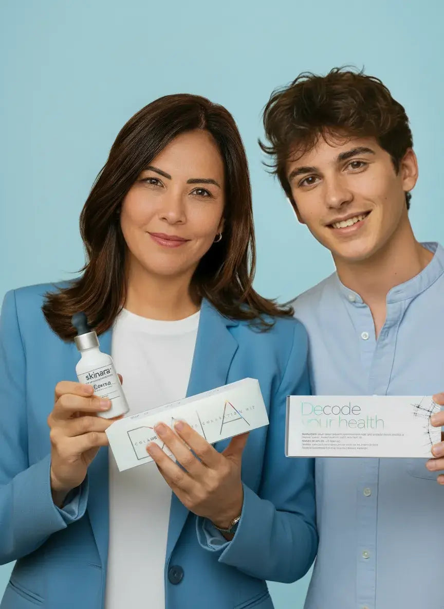 Mother and son holding Skinara skincare products for personalized skin testing