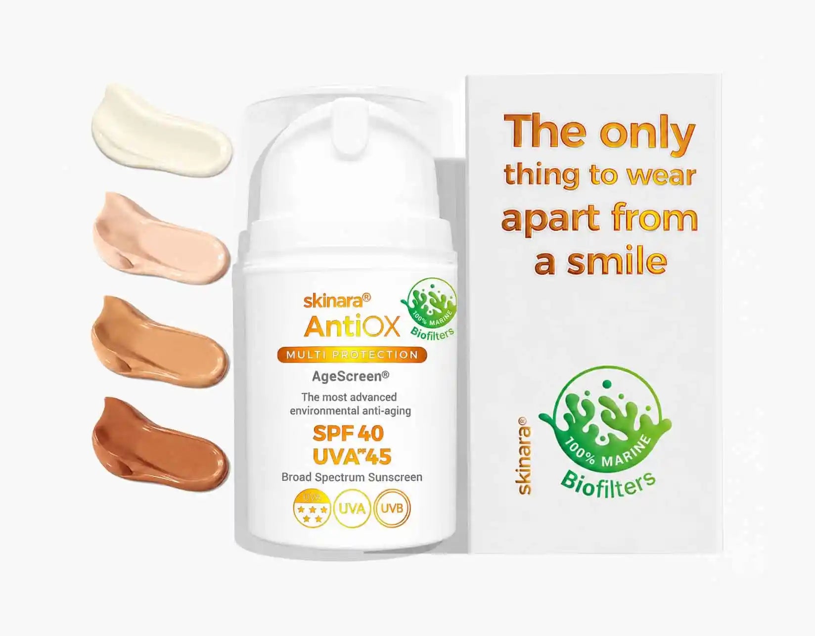 Skinara AntiOX Multispectrum Sunscreen SPF 40 bottle and box, with four cream swatches on the left illustrating the shade progression.