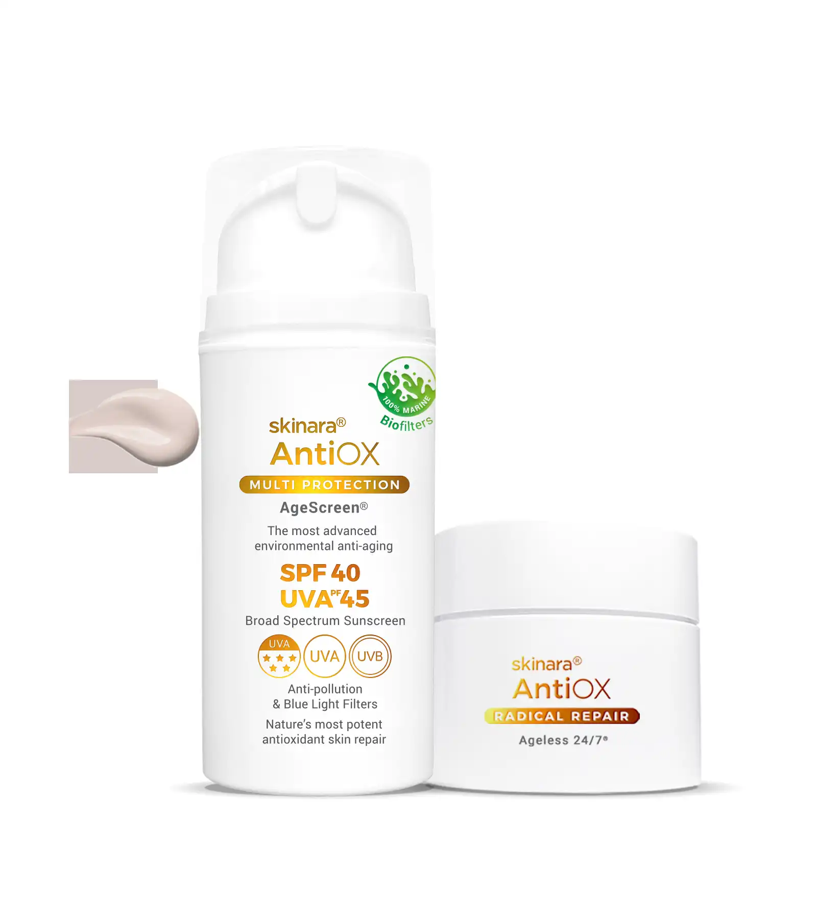 Skinara antioxidant serum jar and AgeScreen large size honey almond tinted sunscreen bottle on a white background