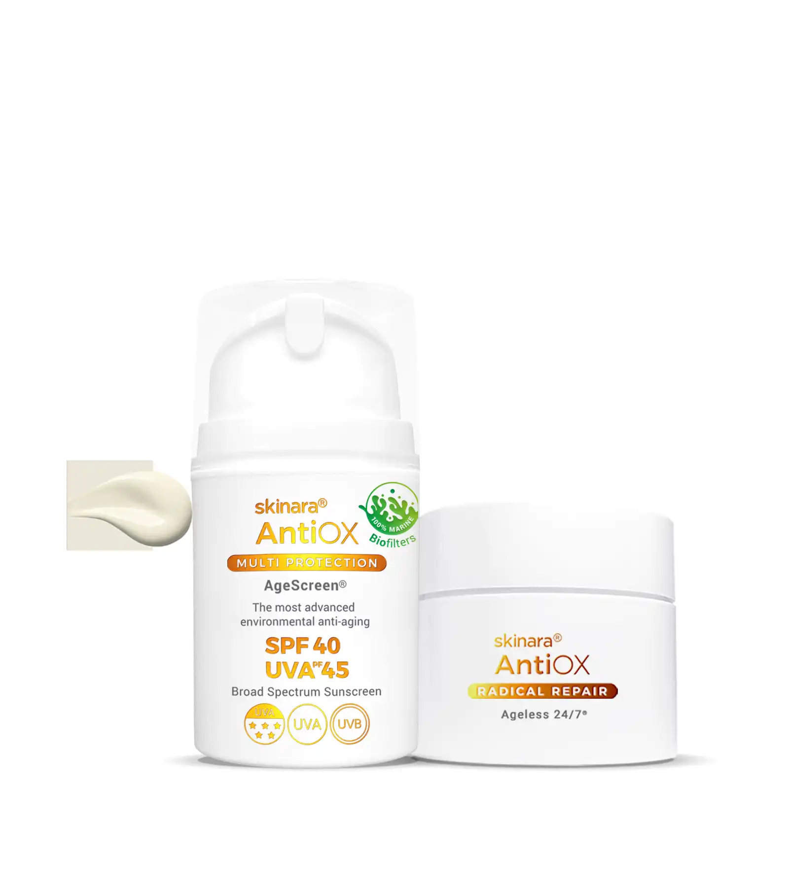 Skinara antioxidant serum jar and travel size clear sunscreen bottle on a white background