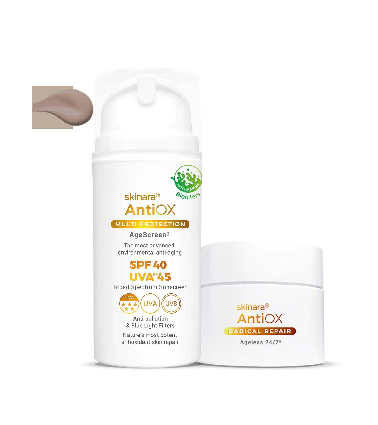 Skinara antioxidant serum jar and large AgeScreen espresso-tinted sunscreen bottle on a white background