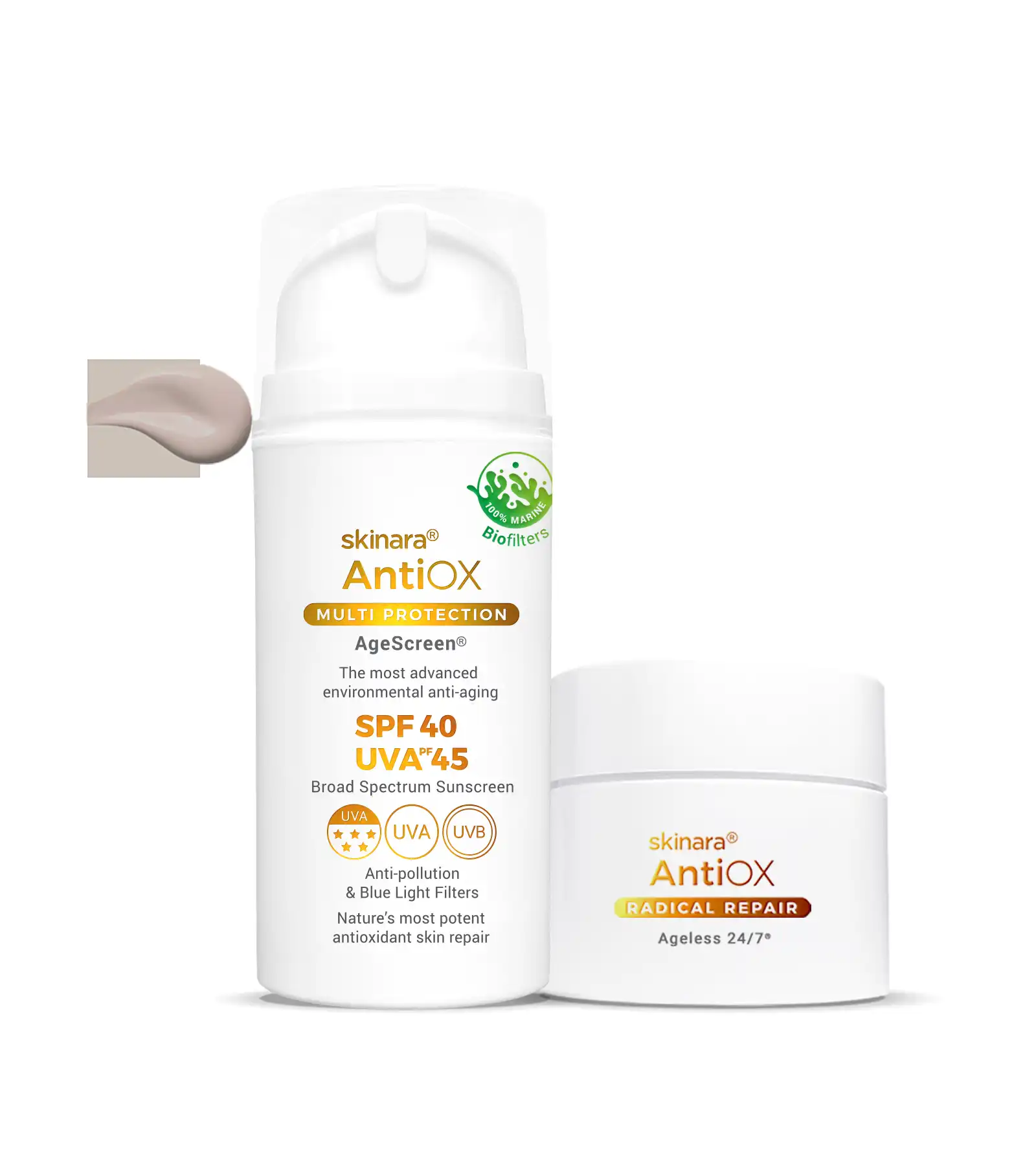 Skinara antioxidant serum jar and large size AgeScreen mocca tinted sunscreen bottle on a white background