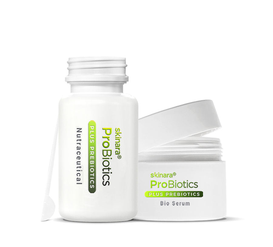 Skinara ProBiotic Bio Serum open jar and open Skin Probiotic Supplement bottle against a white background