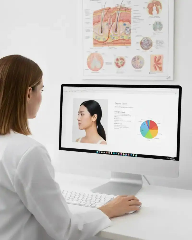 Doctor analyzing a patient's skin condition analysis on a computer remote tele dermatology jobs Australia