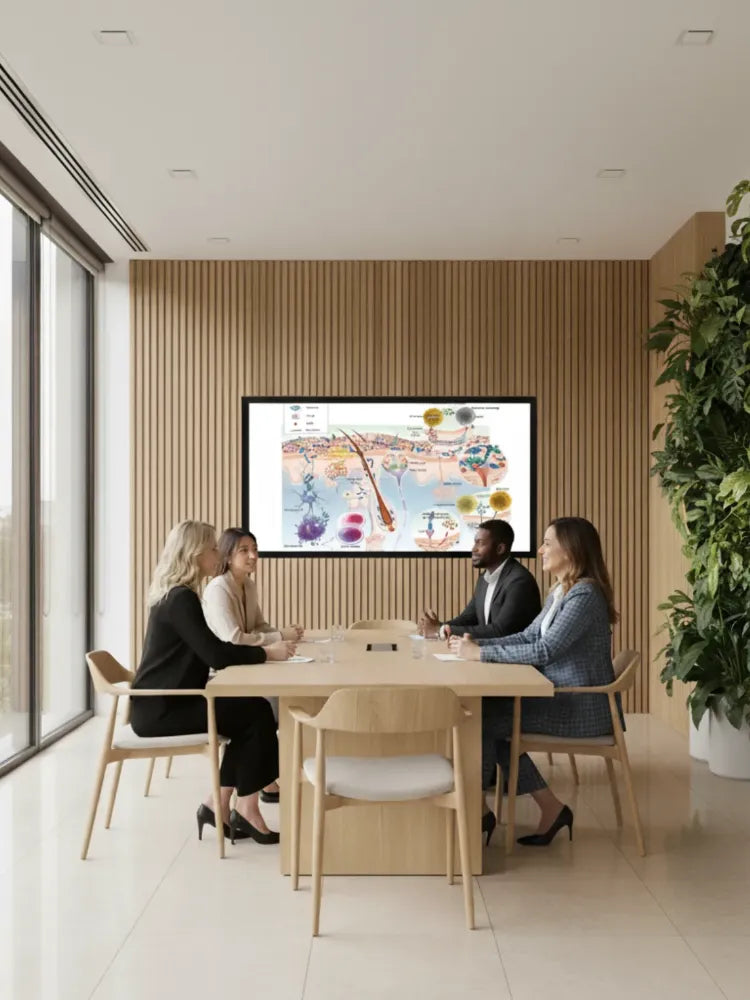 Group of people in a modern office setting with a large screen displaying a colorful diagram of human skin layers