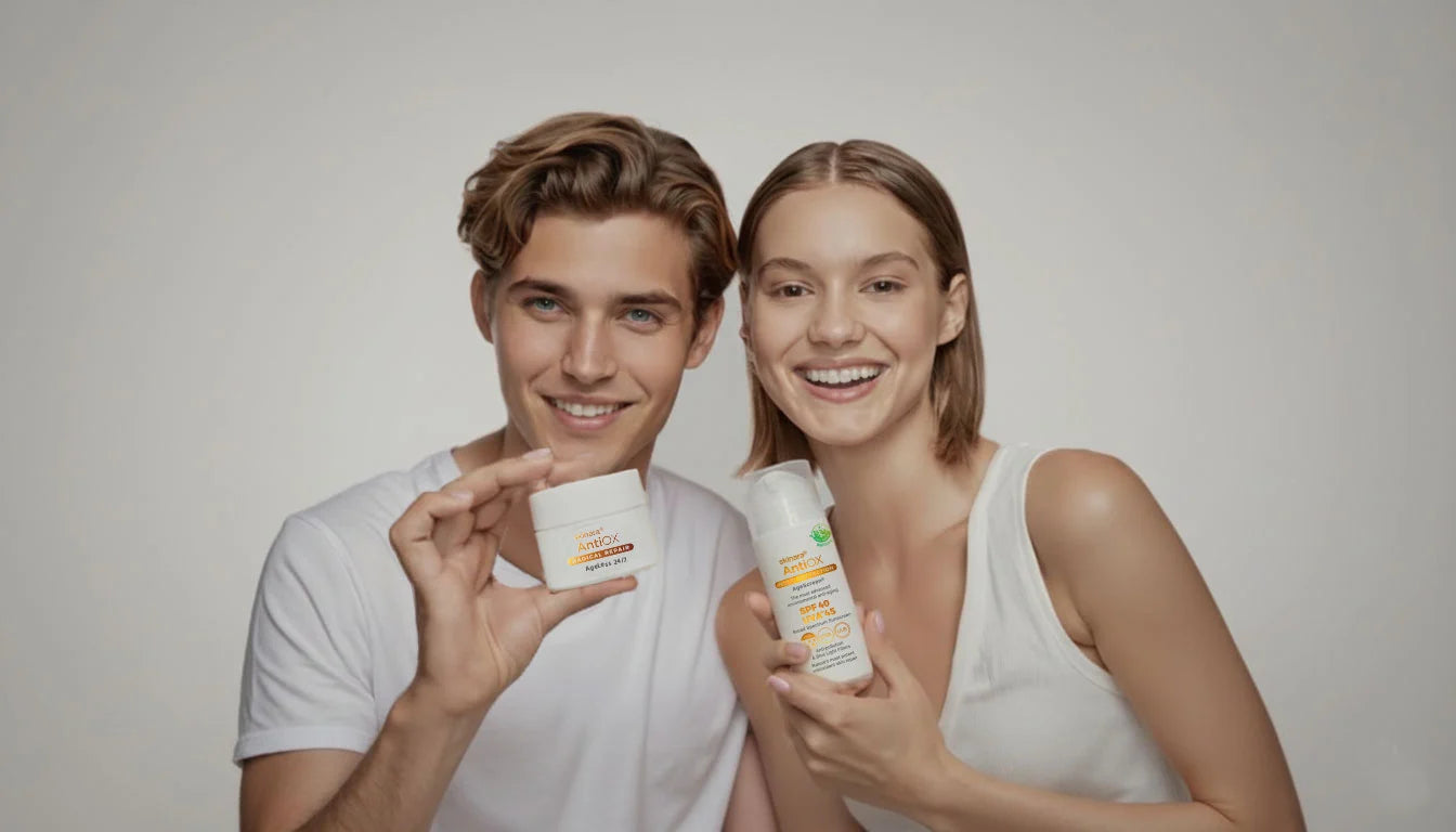 Two people holding skincare products against a plain background