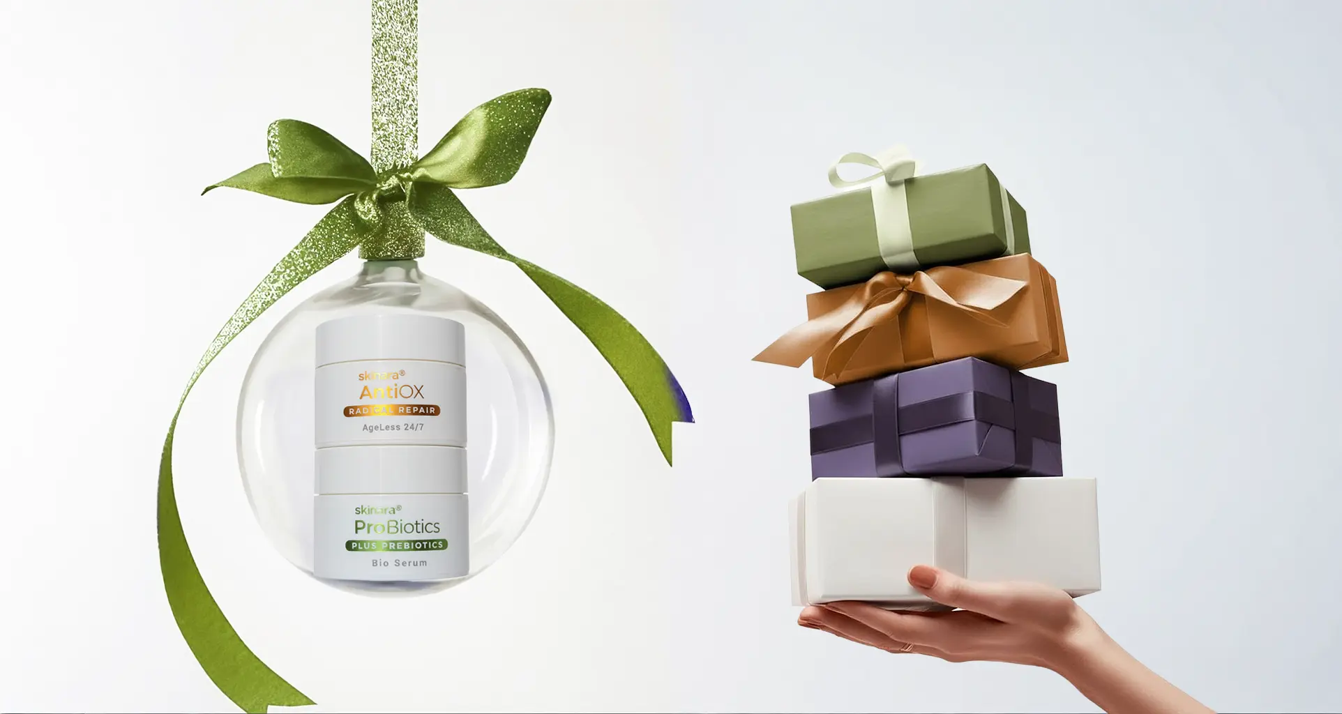 Science backed skincare skincare ingredients with a green bow and gift boxes give a gift of radiant skin