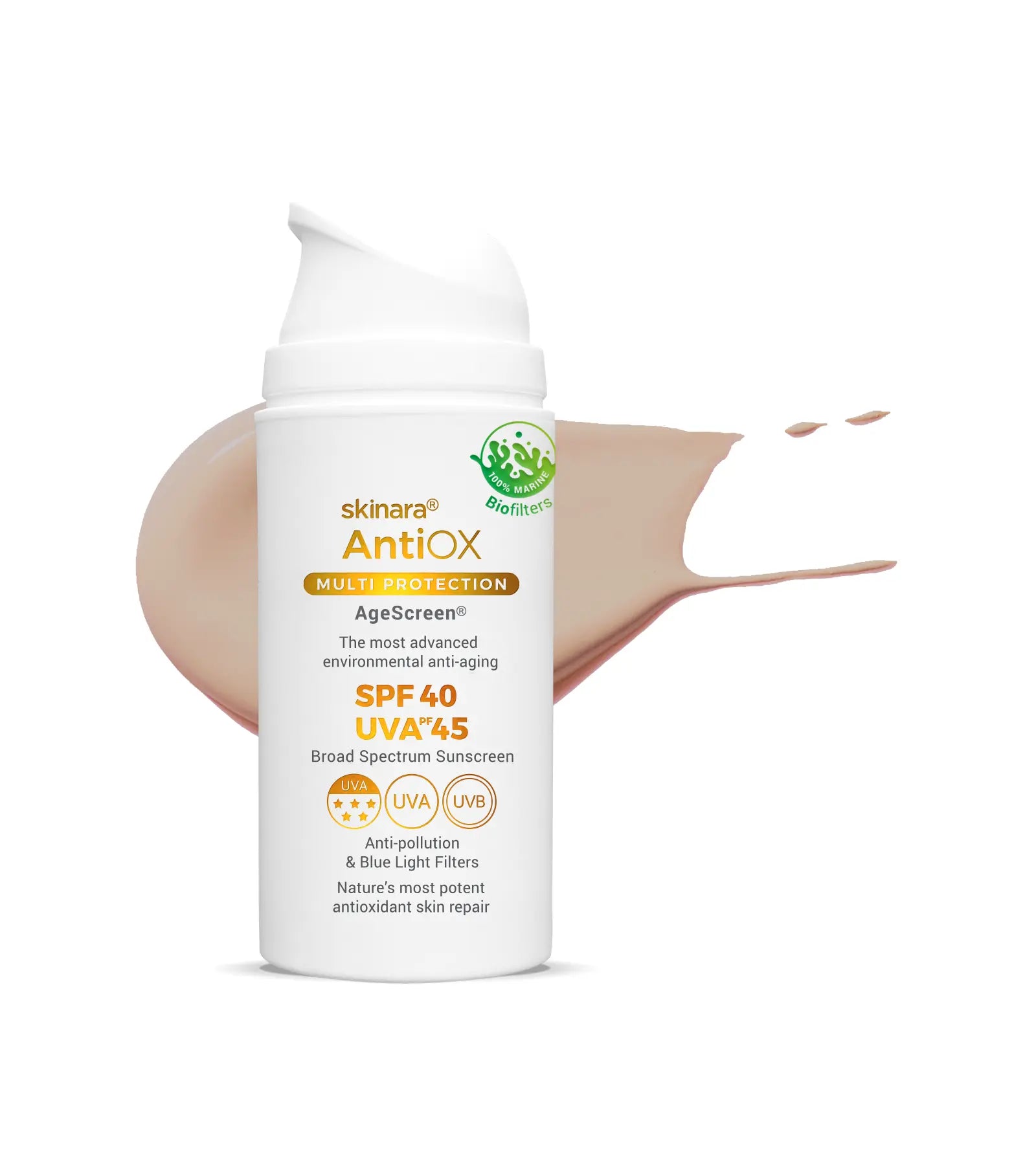 Skinara AntiOX natural sunscreen cream bottle with a lotion smudge in the backgroud