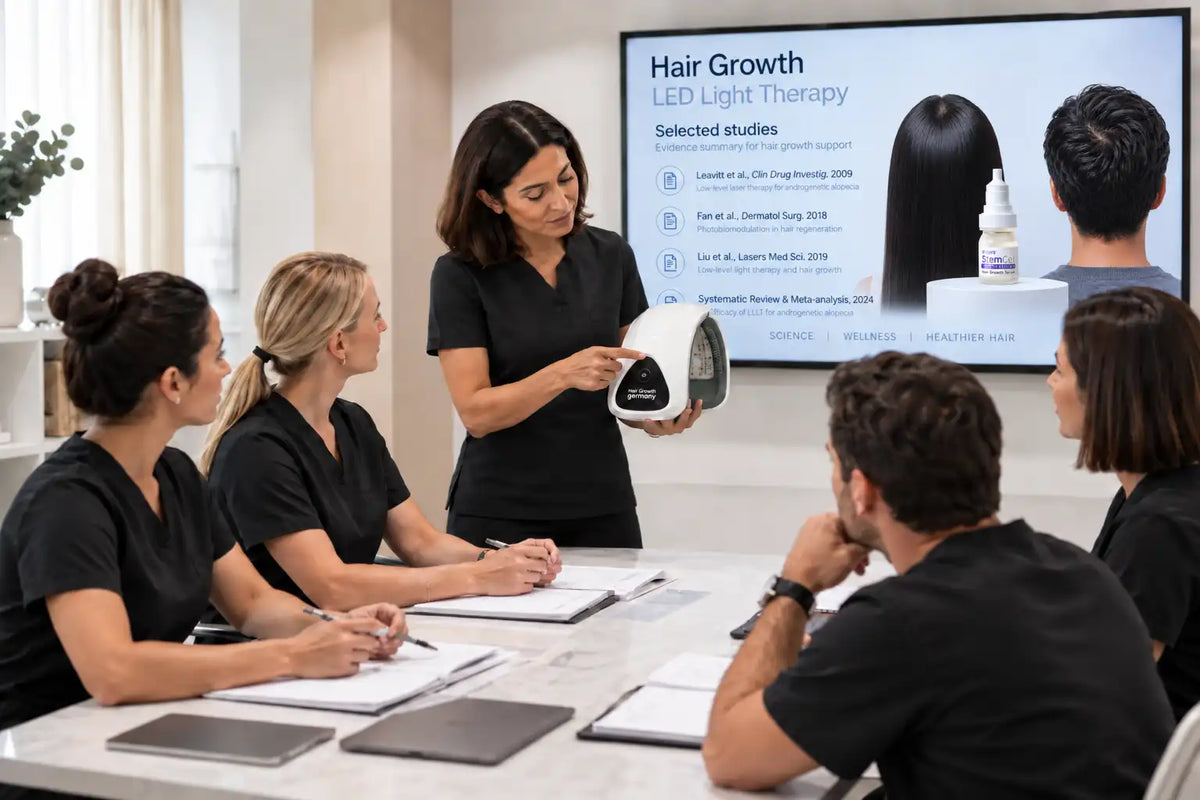 A nurse demonstrates a hair growth LED light therapy device, with a large presentation screen in the background showing 'Skinara Hair Growth Serum" on the screen