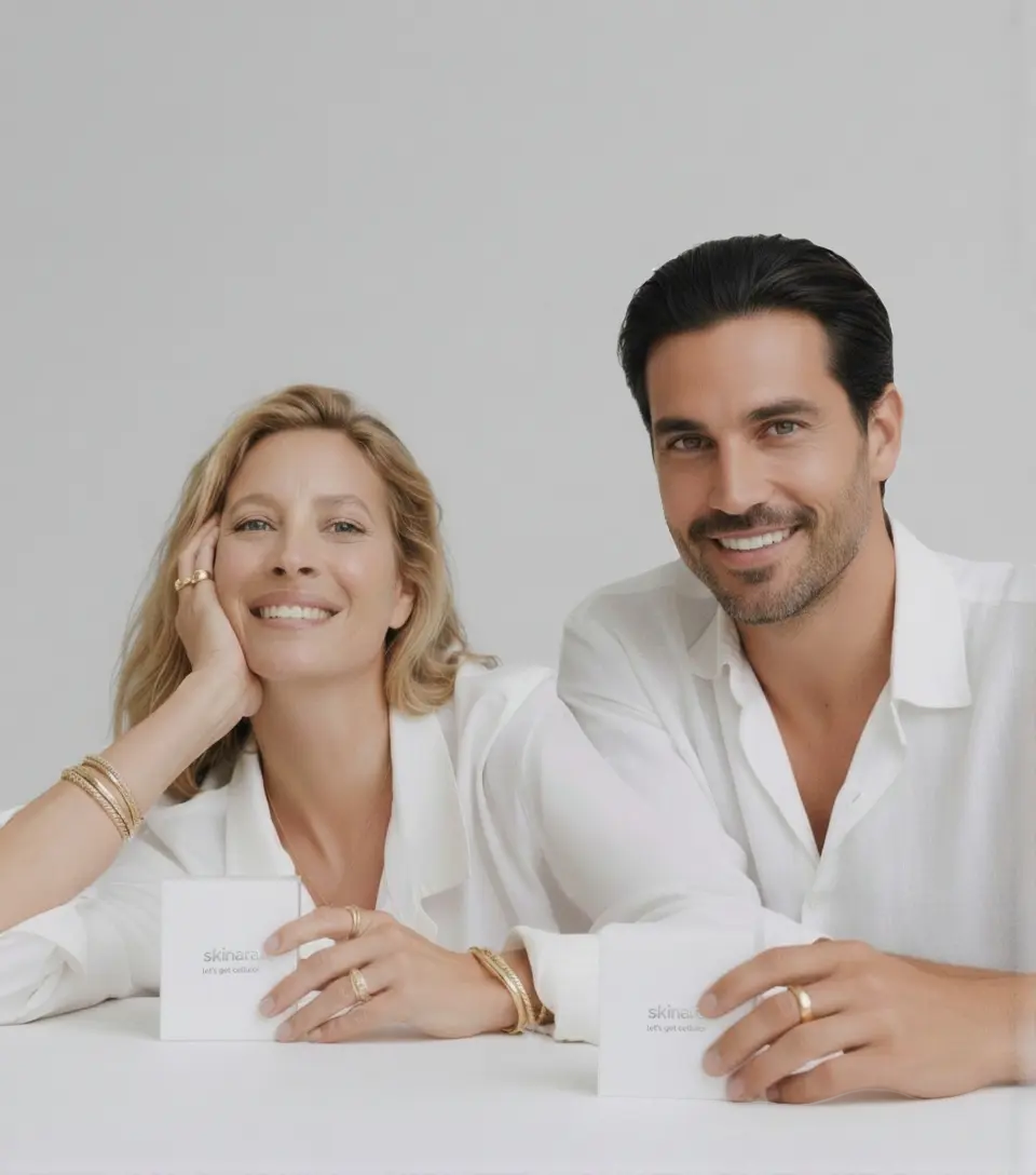 Man and woman holding hair growth and scalp treatment serums designed to reduce hair loss and promote thicker hair