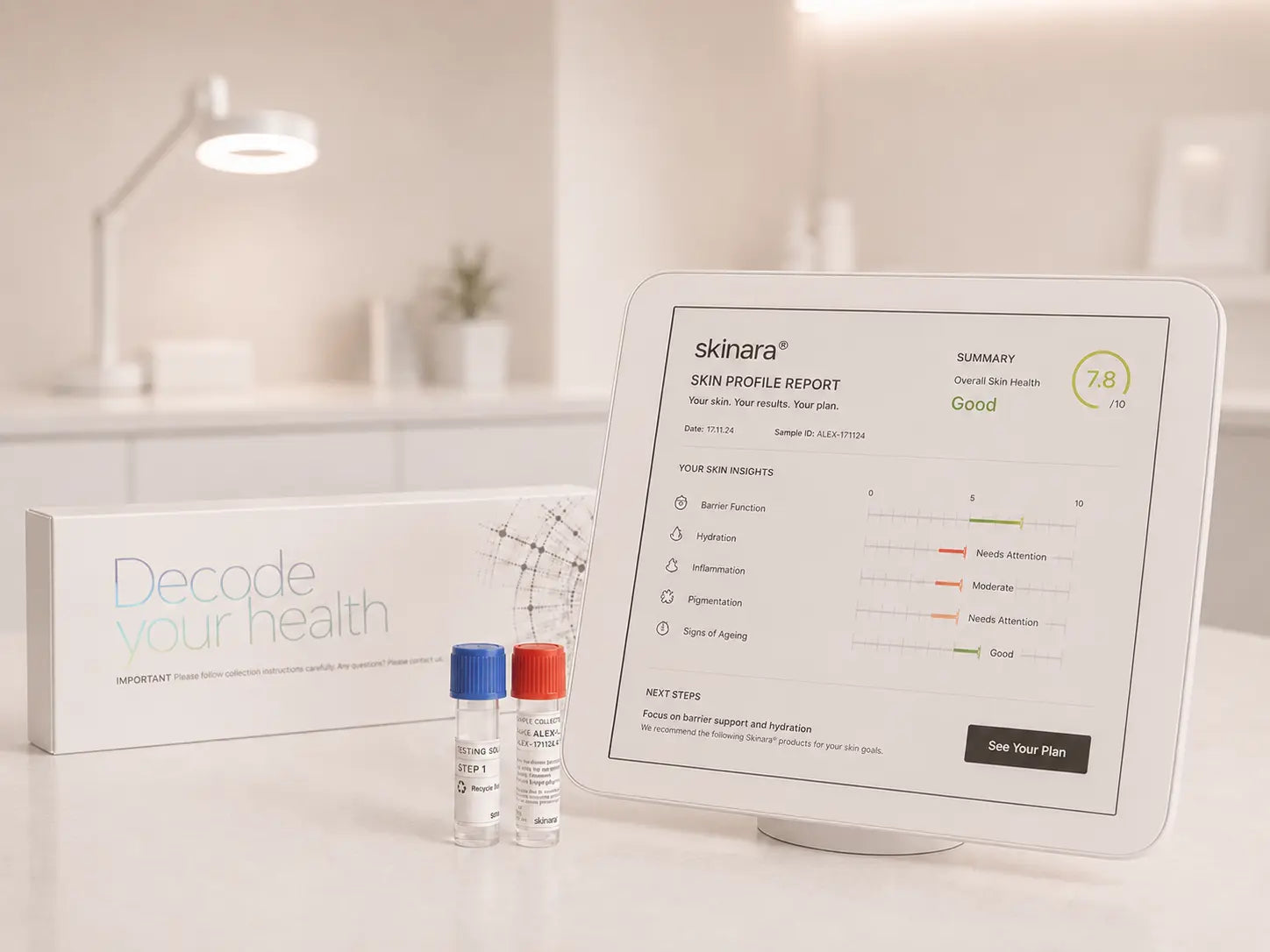Skinara skin and scalp analysis kit with sample tubes and a digital report in a clinic