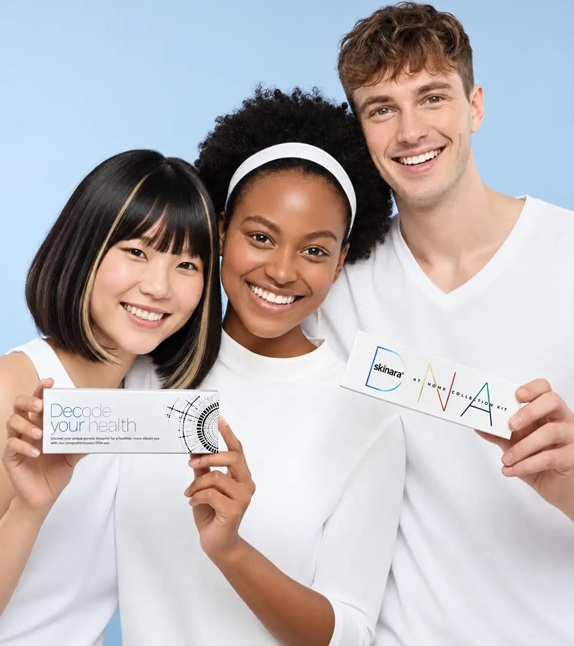 Three smiling young people hold skinara skin analysis boxes for skin and scalp testing at home. The boxes read 'Decode your health'