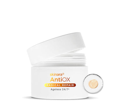 skinara antioxidant serum jar with open lid on a white background