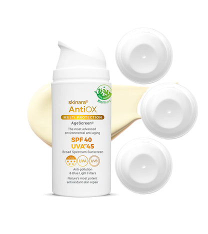 Skinara AgeScreen clear sunscreen 4 large size bottles on a white background