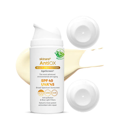 Skinara AgeScreen clear sunscreen 3 large size bottles on a white background