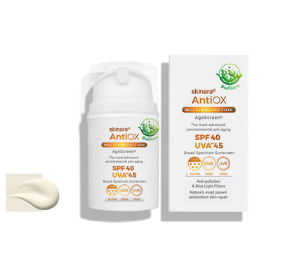 Skinara AgeScreen clear sunscreen travel size bottle and pack on a white background