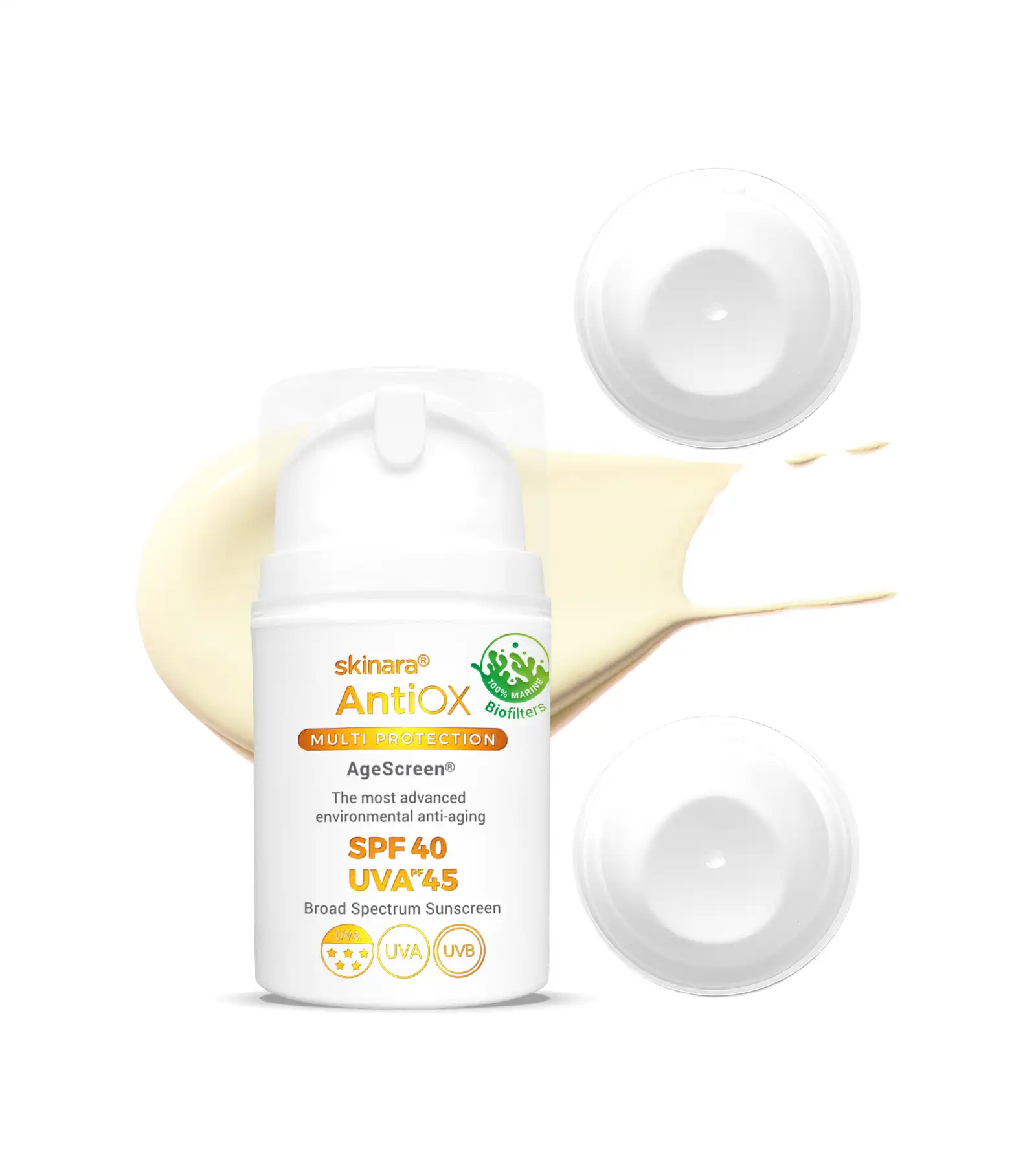 Skinara AgeScreen clear travel sunscreen 3 bottles on a white background