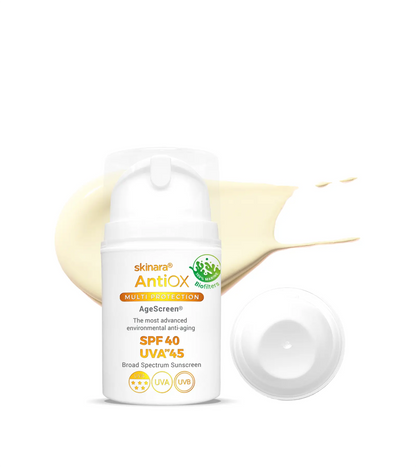 Skinara AgeScreen clear travel sunscreen 2 bottles on a white background