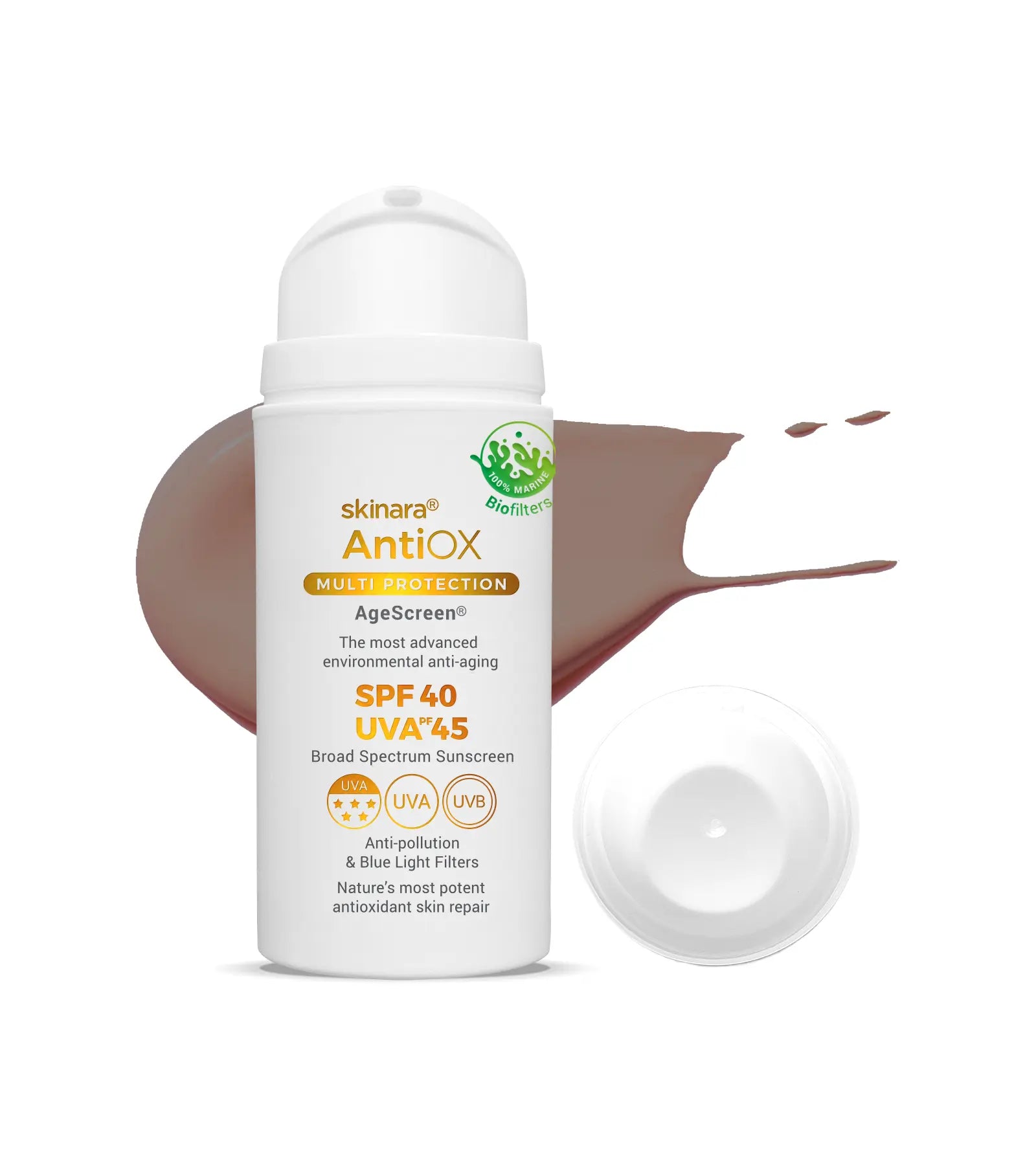 Skinara AgeScreen espresso tinted large size sunscreen 2 bottles on a white background