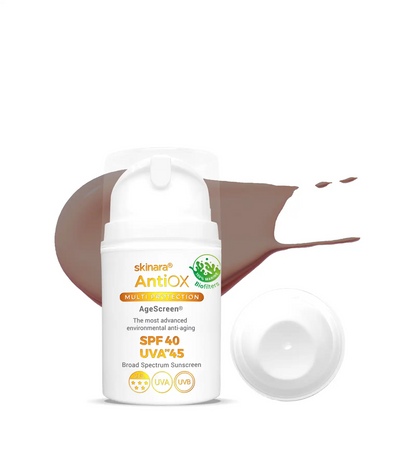 Skinara AgeScreen espresso tinted travel sunscreen two bottles with a white background