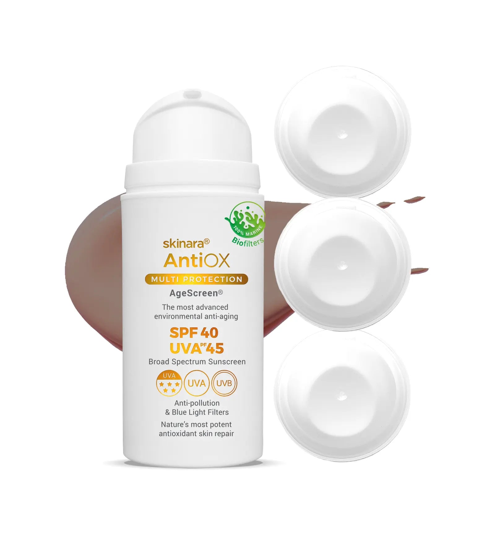 Skinara AgeScreen espresso tinted sunscreen large size 4 bottles on a white background