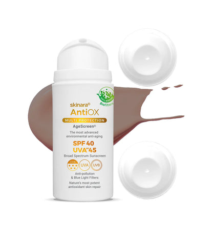 Skinara AgeScreen espresso tinted large size sunscreen 3 bottles with a white background