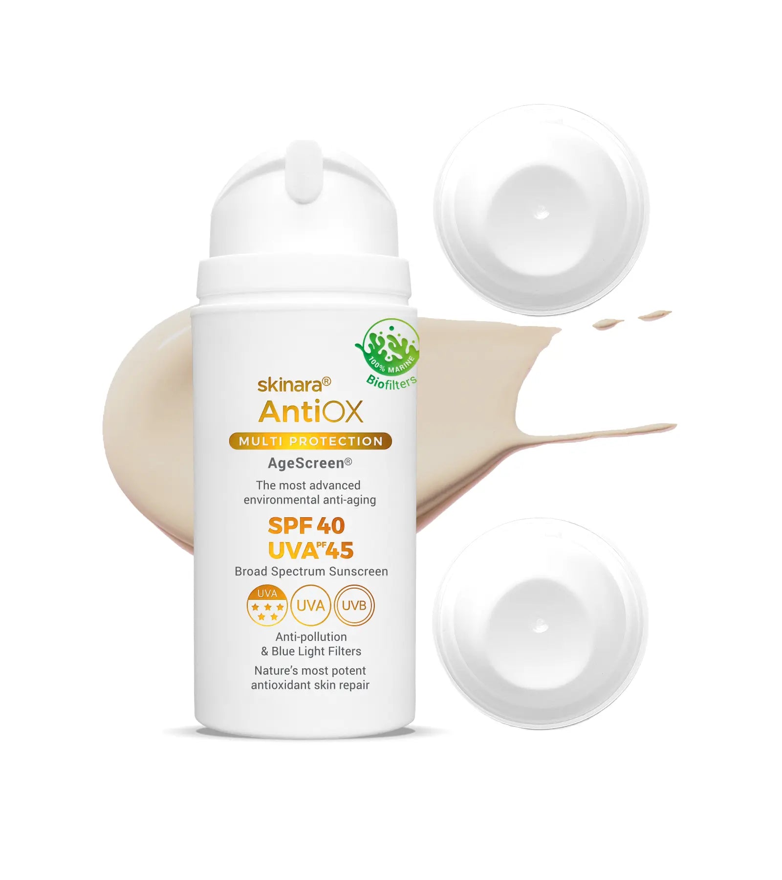 Skinara AgeScreen honey almond tinted sunscreen 3 large size bottles on a white background