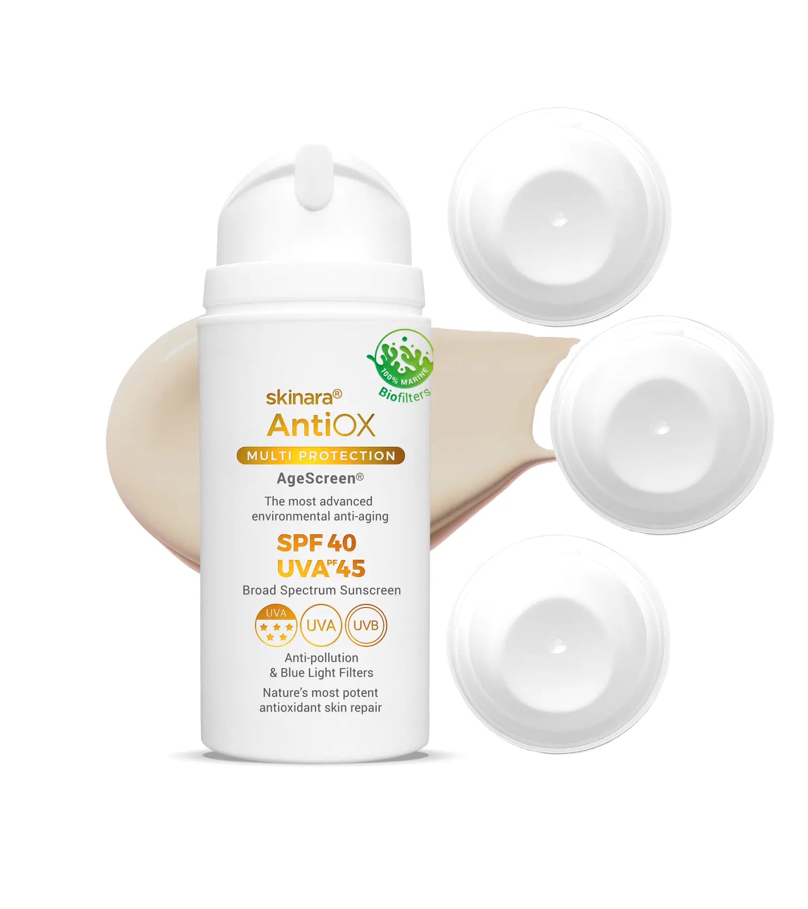 Skinara AgeScreen honey almond tinted sunscreen 4 large size bottles on a white background