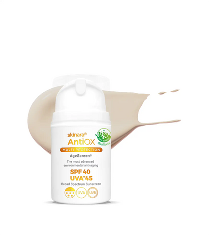 Skinara AgeScreen honey almond tinted travel sunscreen bottle on a white background