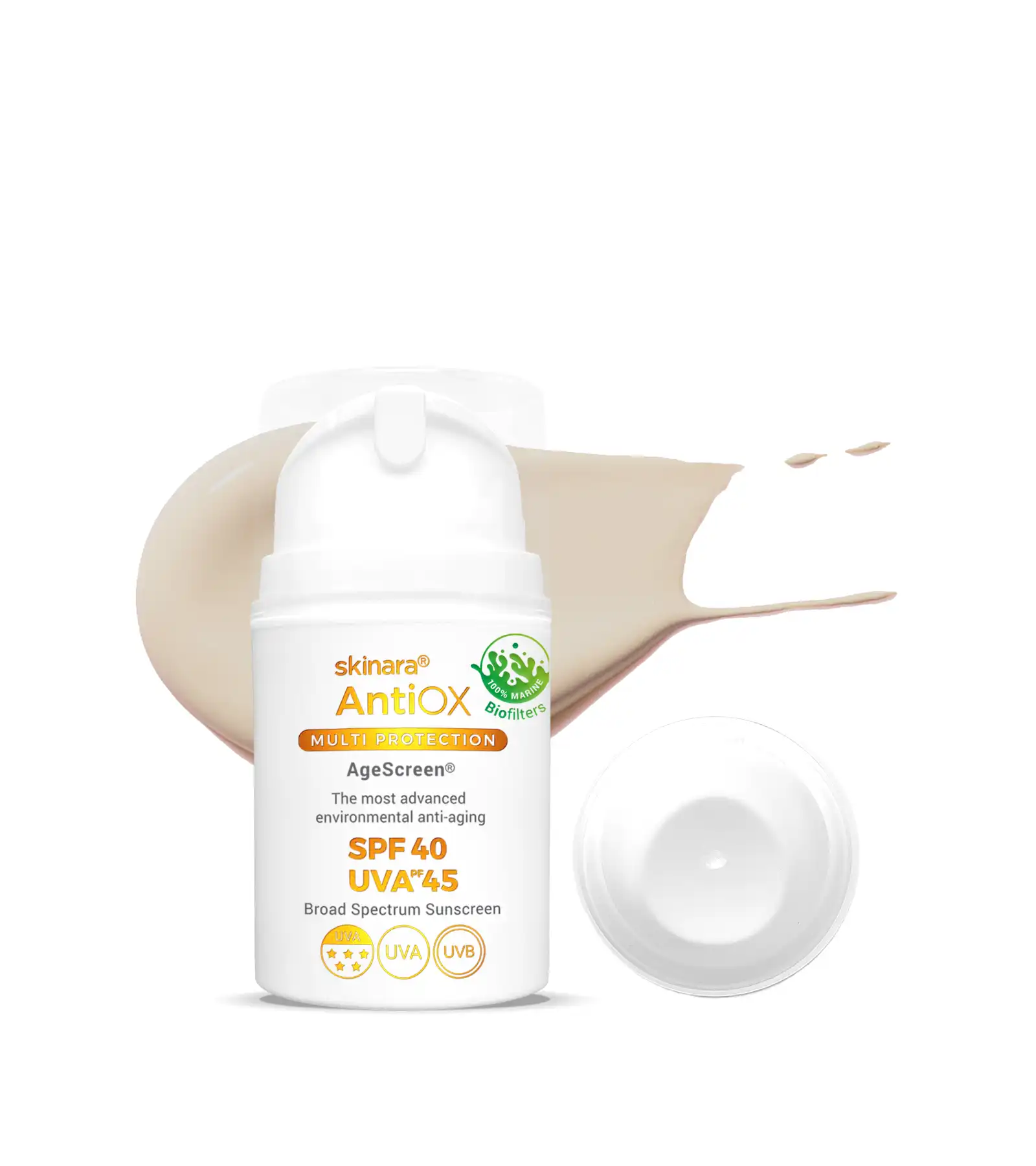 Skinara AgeScreen honey almond tinted travel sunscreen 2 bottles on a white background