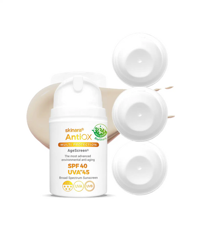 Skinara AgeScreen honey almond tinted travel sunscreen 4 bottles on a white background