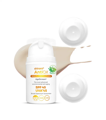 Skinara AgeScreen honey almond tinted travel sunscreen 3 bottles with a white background